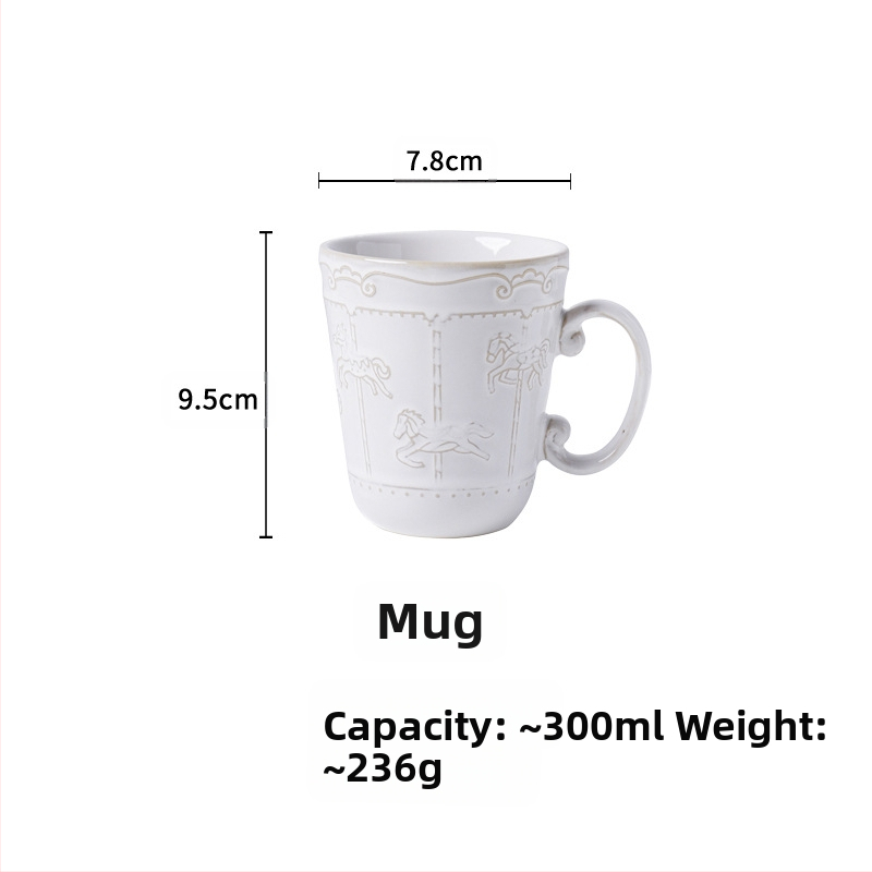 Prantsuse stiilis reljeefne vintage ahjuvahetuskarussell keraamiline kohvitass ja alustass pärastlõunatee tass ja alustass tõmmatav lillekruus