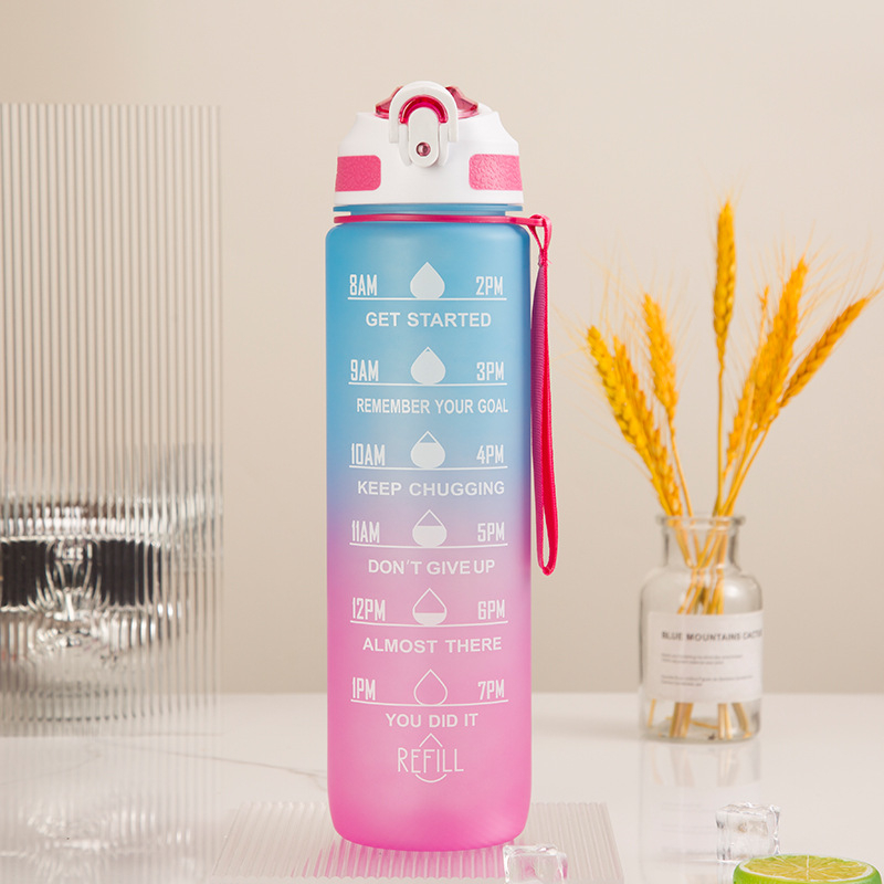 Plastikinis sportinis puodelis, gradiento spalvos, didelės talpos lauko SK virdulys studentams, išvaizdus nešiojamas šiaudelis, erdvus puodelis