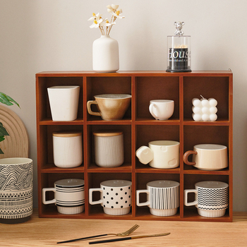 Шкаф за съхранение на 12 чаши Miyagi, дървен кариран настолен шкаф за хранителни стоки, кутия за съхранение в японски стил, обикновен стенен шкаф за съхранение