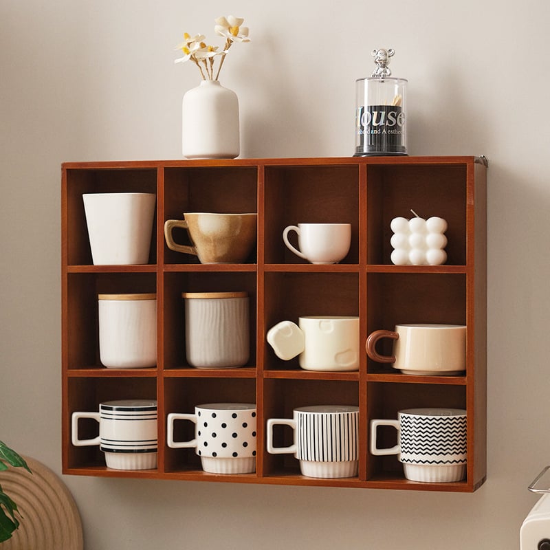 Шкаф за съхранение на 12 чаши Miyagi, дървен кариран настолен шкаф за хранителни стоки, кутия за съхранение в японски стил, обикновен стенен шкаф за съхранение