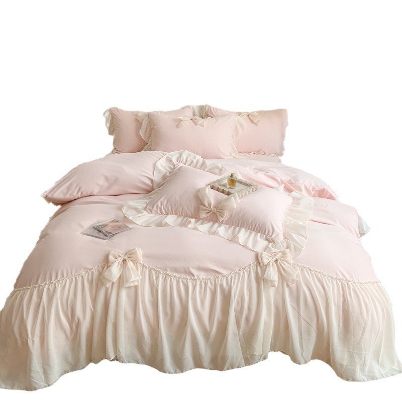 Korea stiilis ühevärviline neljaosaline voodipesu veepuuvillast ülipehme tekikott libisemiskindla linaga pitsist padjapüür lipsuga