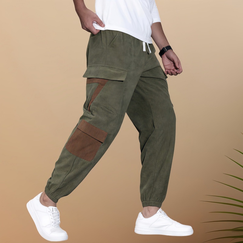2024-es őszi új, határokon átnyúló férfi lezser overall, férfi egyszínű, többzsebes kordbársony lezser nadrág