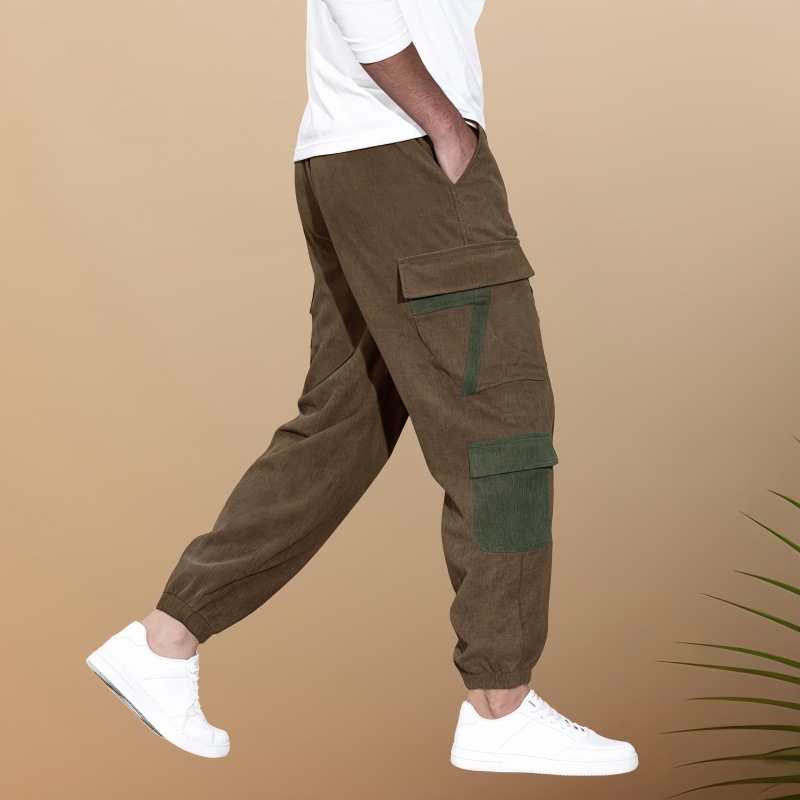 2024-es őszi új, határokon átnyúló férfi lezser overall, férfi egyszínű, többzsebes kordbársony lezser nadrág