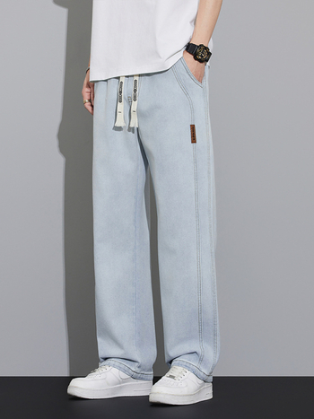 Летни тънки дънки Tencel за мъже, свободни прави, американска модна марка, широки крачоли, ежедневни дълги панталони за мъже