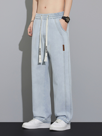 Летни тънки дънки Tencel за мъже, свободни прави, американска модна марка, широки крачоли, ежедневни дълги панталони за мъже