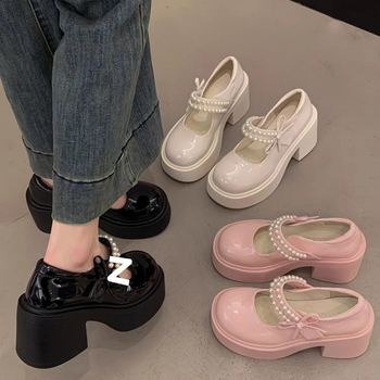 Γυναικεία ψηλοτάκουνα παπούτσια Sweet Bow με χοντρό τακούνι και χοντρή σόλα, μικρά μονόχρωμα παπούτσια για την άνοιξη και το καλοκαίρι του 2025, Mary Jane Small Leather Shoes Factory