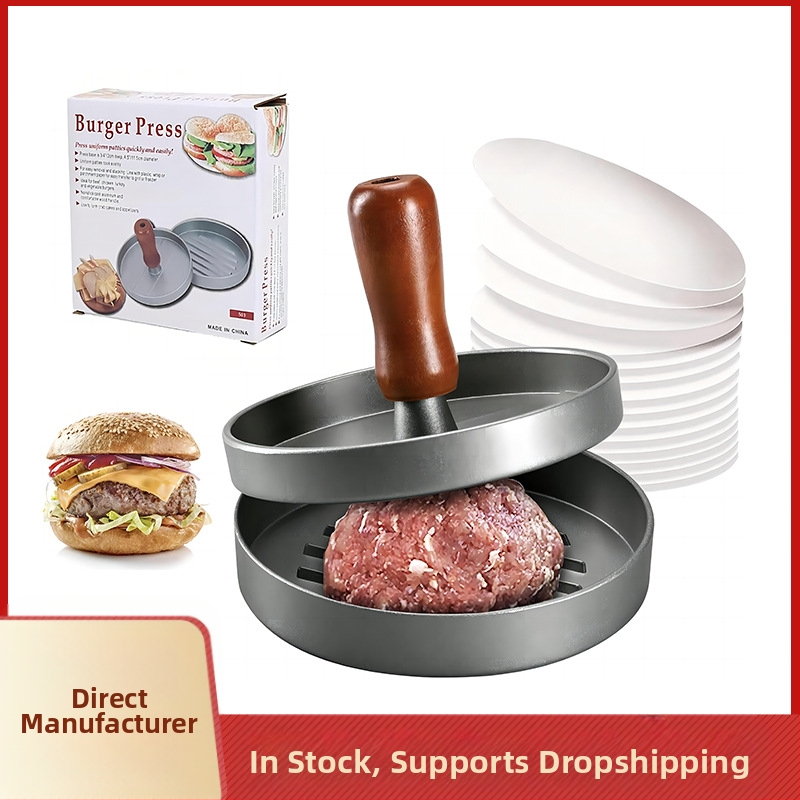 Piiriülene hamburgerilihapress ümmargune puidust käepidemega pihustusvärv alumiiniumisulamist hamburgeriliha taldrik riisipalli lihapiruka vorm