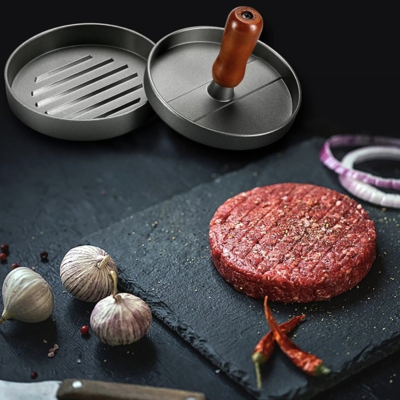 Piiriülene hamburgerilihapress ümmargune puidust käepidemega pihustusvärv alumiiniumisulamist hamburgeriliha taldrik riisipalli lihapiruka vorm