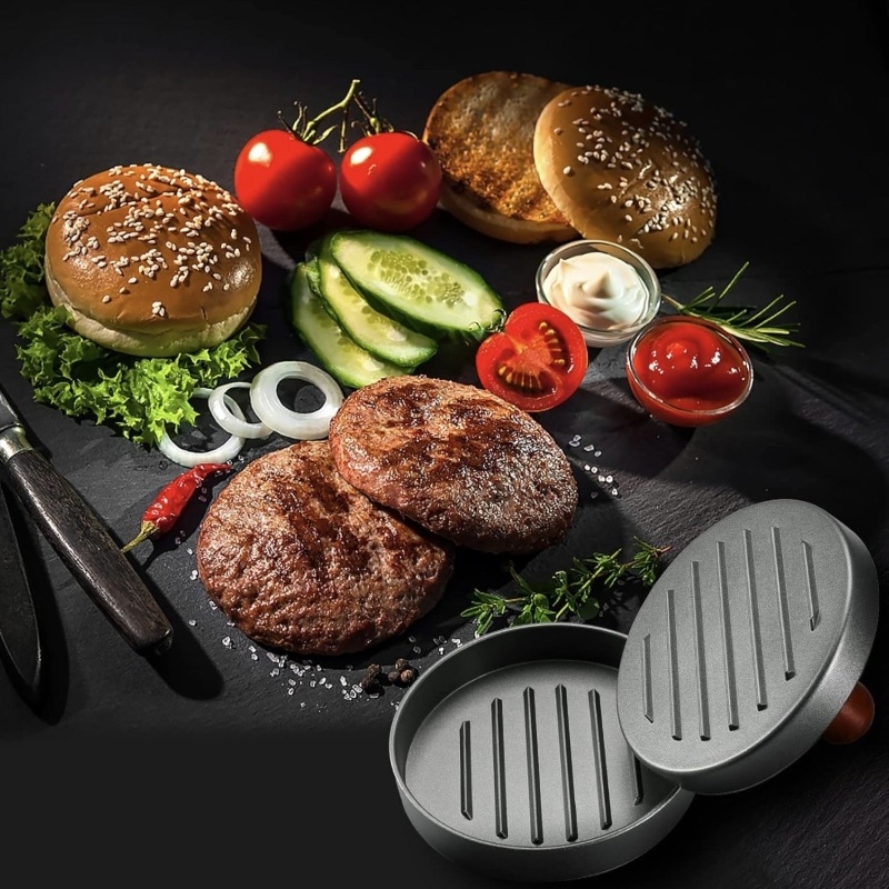 Piiriülene hamburgerilihapress ümmargune puidust käepidemega pihustusvärv alumiiniumisulamist hamburgeriliha taldrik riisipalli lihapiruka vorm