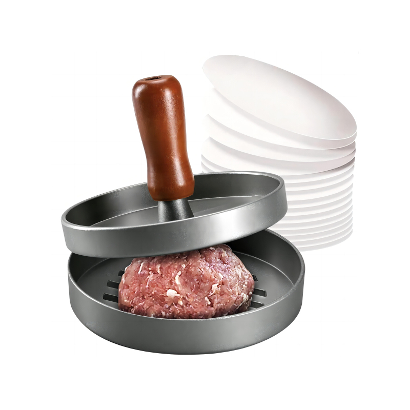 Piiriülene hamburgerilihapress ümmargune puidust käepidemega pihustusvärv alumiiniumisulamist hamburgeriliha taldrik riisipalli lihapiruka vorm