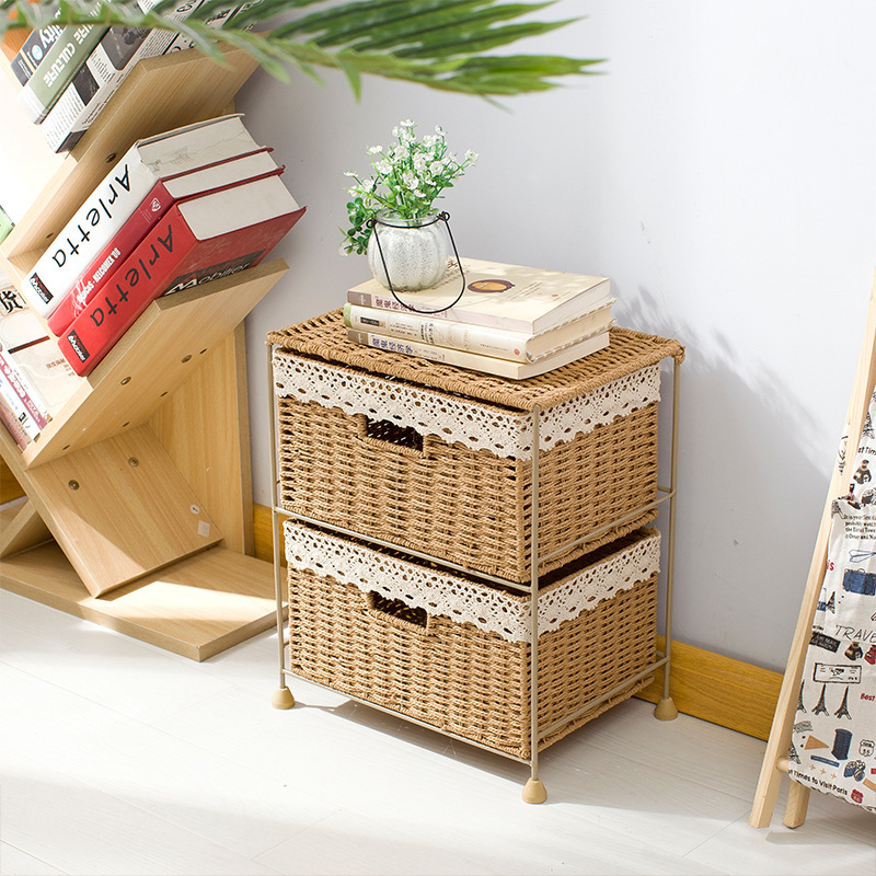 Pastoraalses stiilis kootud sahtlikorviga hoiuriiul rotangist hoiukarp majapidamise rotangist hoiukorv mitmekihiline hoiukapp