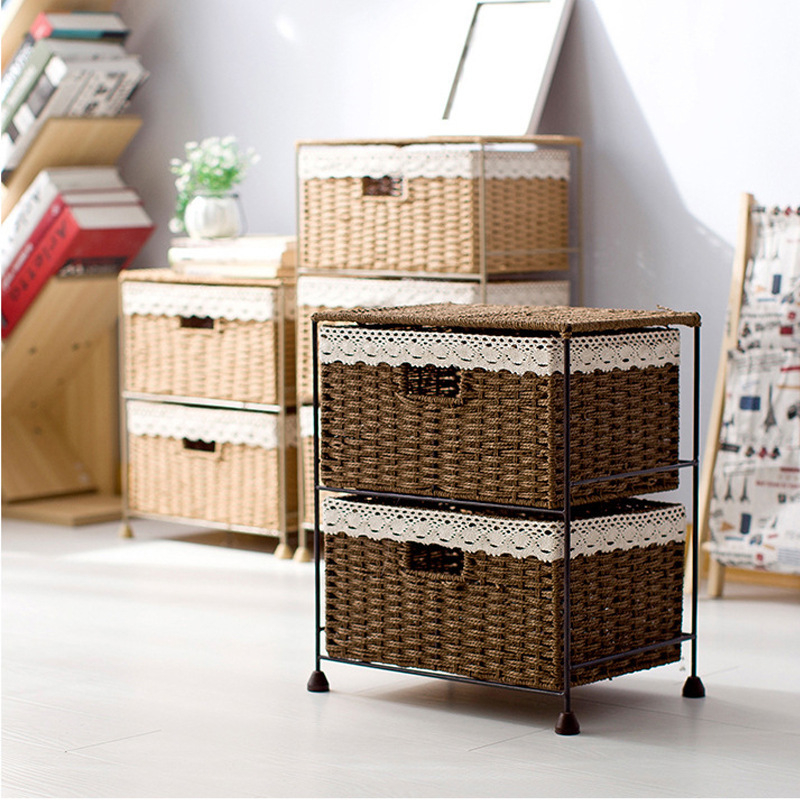 Pastoraalses stiilis kootud sahtlikorviga hoiuriiul rotangist hoiukarp majapidamise rotangist hoiukorv mitmekihiline hoiukapp