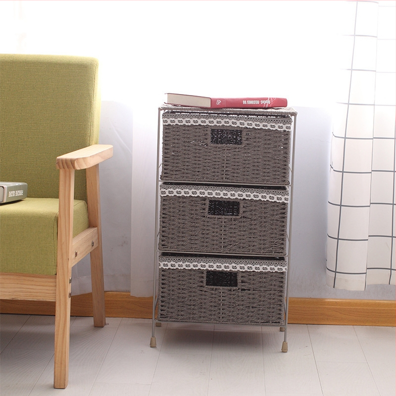 Pastoraalses stiilis kootud sahtlikorviga hoiuriiul rotangist hoiukarp majapidamise rotangist hoiukorv mitmekihiline hoiukapp