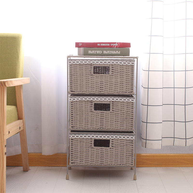 Pastoraalses stiilis kootud sahtlikorviga hoiuriiul rotangist hoiukarp majapidamise rotangist hoiukorv mitmekihiline hoiukapp