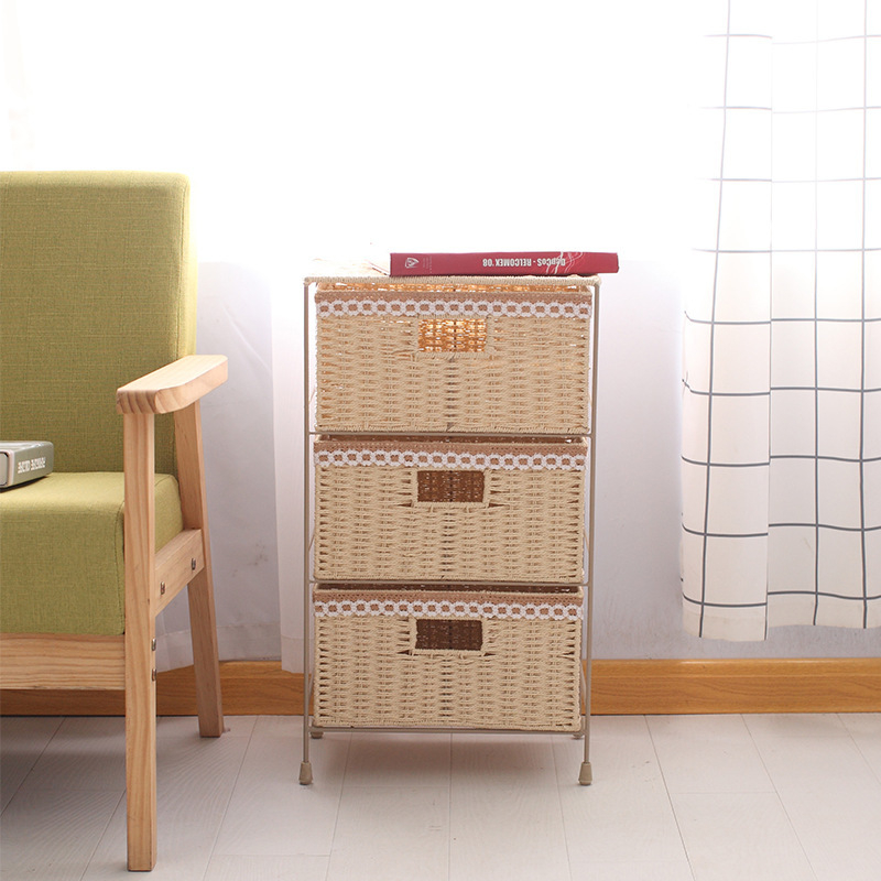 Pastoraalses stiilis kootud sahtlikorviga hoiuriiul rotangist hoiukarp majapidamise rotangist hoiukorv mitmekihiline hoiukapp