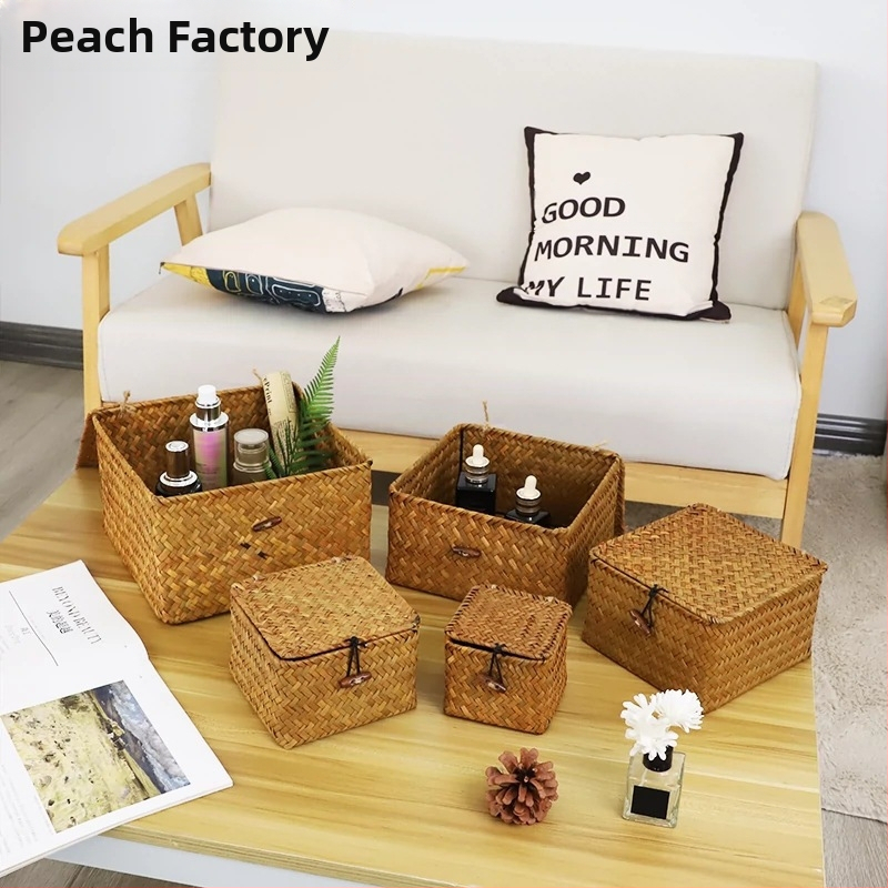 Kézzel készített szőtt tárolókosár fedéllel esküvői szertartáshoz bambusz szőtt rattan szőtt tárolódoboz asztali porálló tárolódoboz