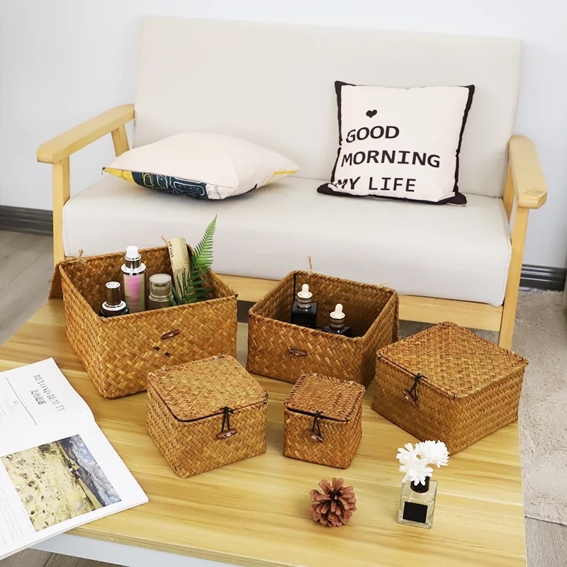 Kézzel készített szőtt tárolókosár fedéllel esküvői szertartáshoz bambusz szőtt rattan szőtt tárolódoboz asztali porálló tárolódoboz