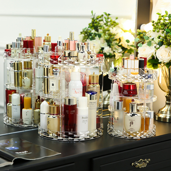 Határokon átnyúló külkereskedelem, forró eladású kerek forgó kozmetikai tároló állvány, átlátszó, sima fúrású felületű asztali befejező állvány tároló állvány
