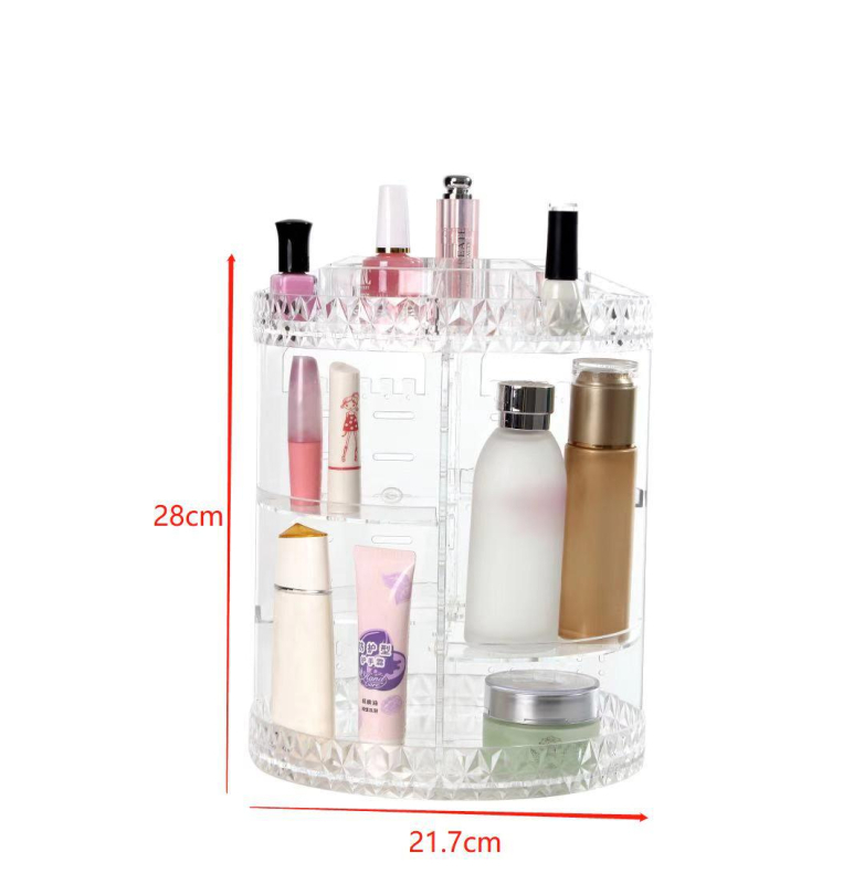 Határokon átnyúló külkereskedelem, forró eladású kerek forgó kozmetikai tároló állvány, átlátszó, sima fúrású felületű asztali befejező állvány tároló állvány