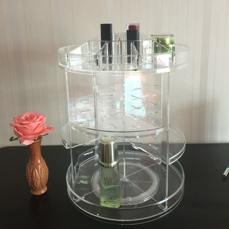Határokon átnyúló külkereskedelem, forró eladású kerek forgó kozmetikai tároló állvány, átlátszó, sima fúrású felületű asztali befejező állvány tároló állvány