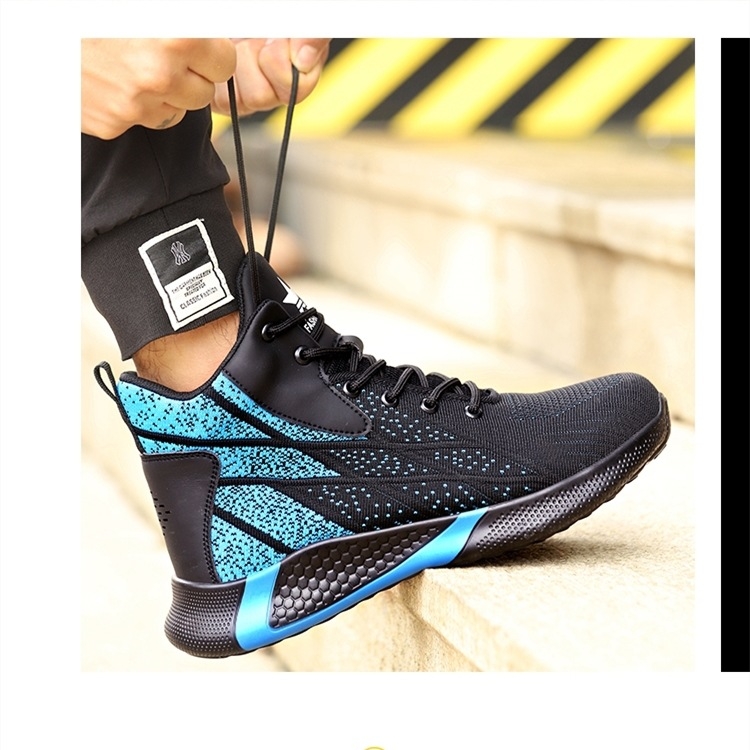 Határokon átnyúló munkavédelmi cipők nagykereskedelme férfi magas szárú, repülő szövésű, könnyű acélbetétes, ütésálló, átszúrásgátló biztonsági munkavédelmi cipő