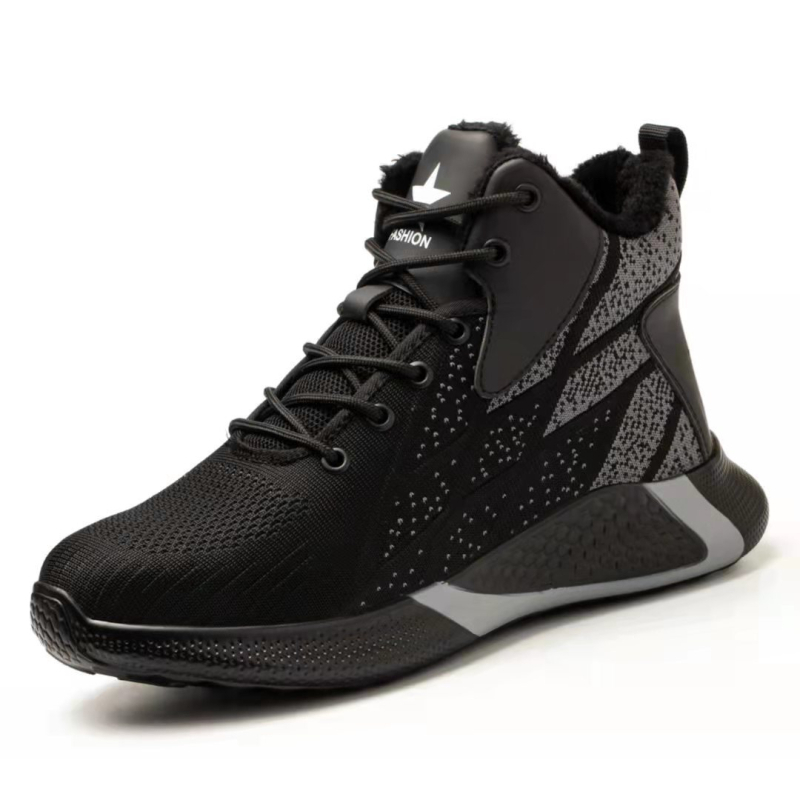 Határokon átnyúló munkavédelmi cipők nagykereskedelme férfi magas szárú, repülő szövésű, könnyű acélbetétes, ütésálló, átszúrásgátló biztonsági munkavédelmi cipő