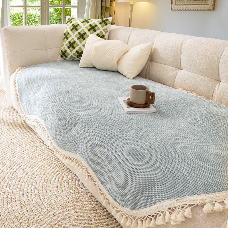 Bojtos szélű kanapépárna, minden évszakra, univerzális, 2025-ös, új, francia krémszínű, fix, csúszásgátló huzattal