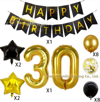 40 colių skersmens tarpvalstybinis aliuminio folijos skaitmeninis juodo aukso spalvos balionas su vėliavėle ir blizgučiais, derinant tematinį gimtadienio vakarėlio dekoravimą tarpvalstybiniu stiliumi