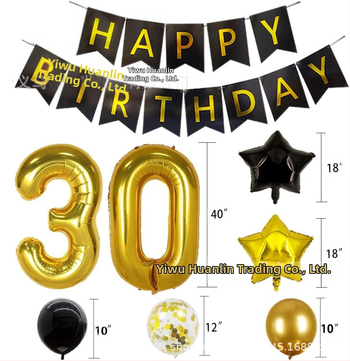 40 colių skersmens tarpvalstybinis aliuminio folijos skaitmeninis juodo aukso spalvos balionas su vėliavėle ir blizgučiais, derinant tematinį gimtadienio vakarėlio dekoravimą tarpvalstybiniu stiliumi