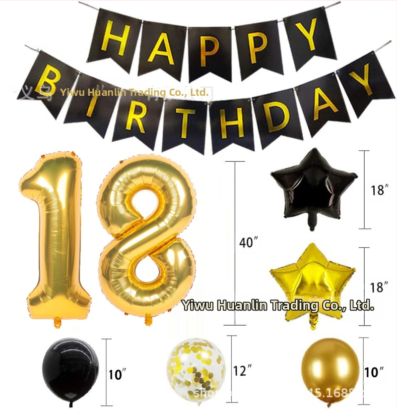 40 colių skersmens tarpvalstybinis aliuminio folijos skaitmeninis juodo aukso spalvos balionas su vėliavėle ir blizgučiais, derinant tematinį gimtadienio vakarėlio dekoravimą tarpvalstybiniu stiliumi