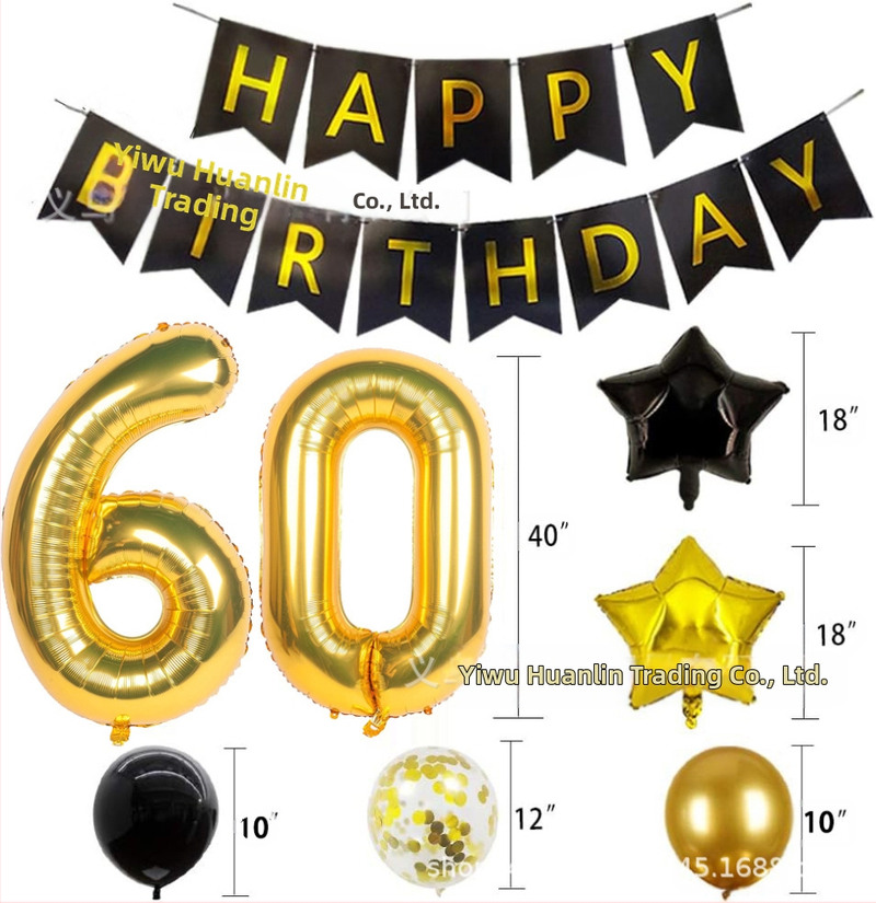 40 colių skersmens tarpvalstybinis aliuminio folijos skaitmeninis juodo aukso spalvos balionas su vėliavėle ir blizgučiais, derinant tematinį gimtadienio vakarėlio dekoravimą tarpvalstybiniu stiliumi