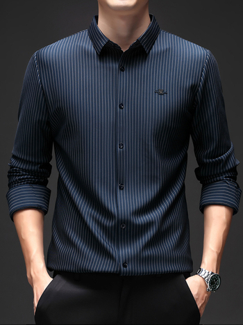 Ριγέ πουκάμισο με μακριά μανίκια για άνδρες, άνοιξη και φθινόπωρο, νέο, αντιρυτιδικό, μη σιδερωμένο, επαγγελματικό, casual, all-match base shirt, τοπ