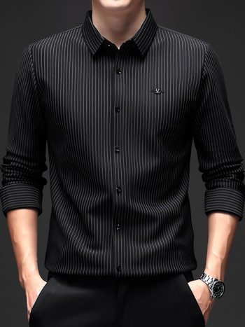 Ριγέ πουκάμισο με μακριά μανίκια για άνδρες, άνοιξη και φθινόπωρο, νέο, αντιρυτιδικό, μη σιδερωμένο, επαγγελματικό, casual, all-match base shirt, τοπ