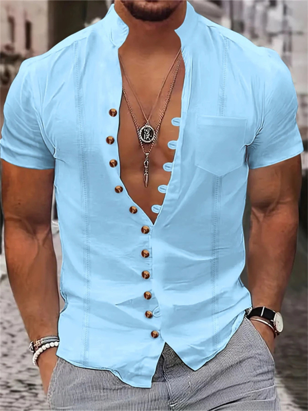 Határokon átnyúló Amazon Wish európai és amerikai új férfi egyszínű retró laza rövid ujjú ing póló felső