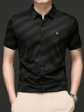 Νέο καλοκαιρινό, κομψό ανδρικό πουκάμισο με κοντομάνικο ύφασμα από μετάξι Ice Silk για άνδρες, casual, ριγέ, για όλες τις ηλικίες, με πέτα