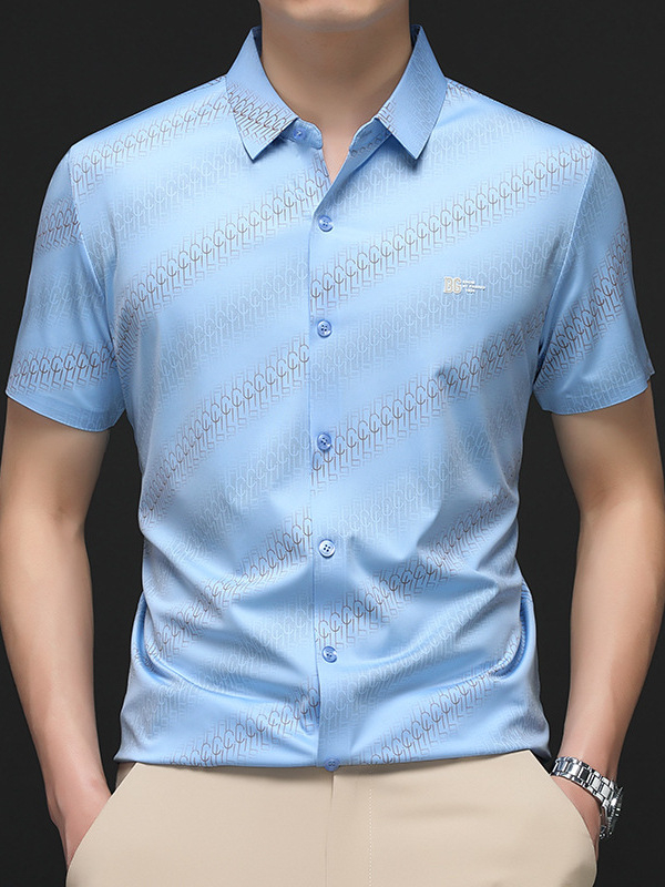 2025 Nyári Új, Luxus Férfi Jégselyem Rövid Ujjú Ing Üzleti Alkalmi Csíkos, Minden Mérkőzésre Alkalmas Középkorú Hajtókendős Ing