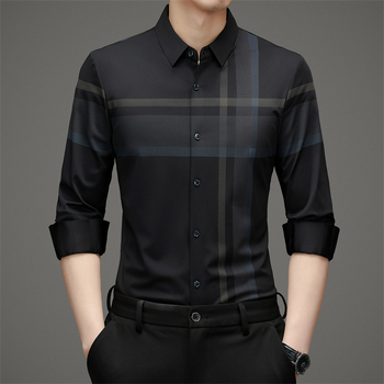 Márkás hosszú ujjú férfi ing, eperfa selyem, vasalhatatlan, luxus üzleti, hétköznapi, luxus nyom nélküli kockás ing, férfi ruházat