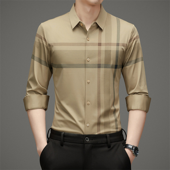 Ανδρικό πουκάμισο με μακριά μανίκια από μετάξι Mulberry, χωρίς σιδέρωμα, υψηλής ποιότητας, επαγγελματικό, casual, υψηλής ποιότητας, χωρίς ίχνη καρό πουκάμισο, ανδρικά ρούχα