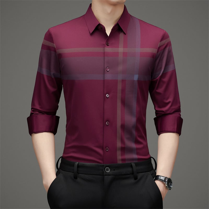 Márkás hosszú ujjú férfi ing, eperfa selyem, vasalhatatlan, luxus üzleti, hétköznapi, luxus nyom nélküli kockás ing, férfi ruházat