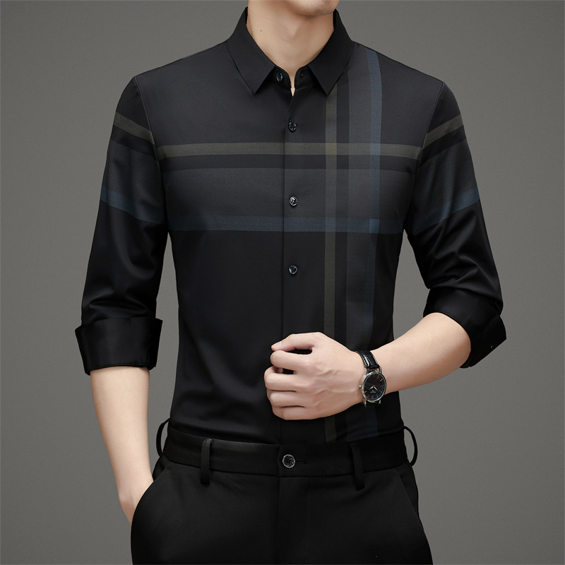 Márkás hosszú ujjú férfi ing, eperfa selyem, vasalhatatlan, luxus üzleti, hétköznapi, luxus nyom nélküli kockás ing, férfi ruházat