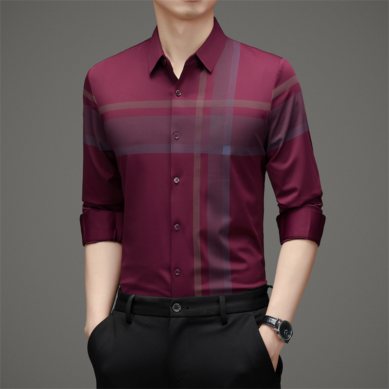 Márkás hosszú ujjú férfi ing, eperfa selyem, vasalhatatlan, luxus üzleti, hétköznapi, luxus nyom nélküli kockás ing, férfi ruházat