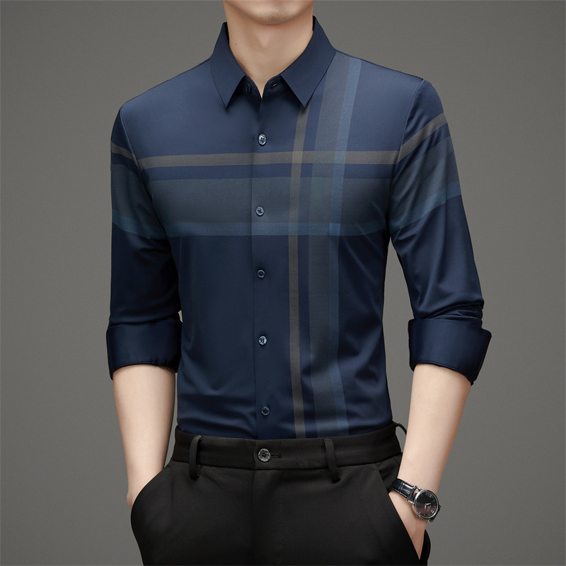 Márkás hosszú ujjú férfi ing, eperfa selyem, vasalhatatlan, luxus üzleti, hétköznapi, luxus nyom nélküli kockás ing, férfi ruházat