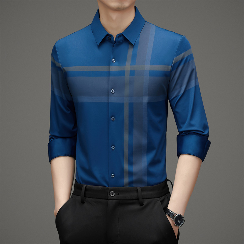 Márkás hosszú ujjú férfi ing, eperfa selyem, vasalhatatlan, luxus üzleti, hétköznapi, luxus nyom nélküli kockás ing, férfi ruházat