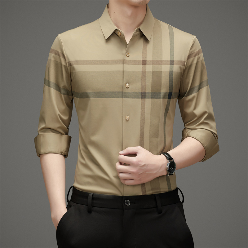 Márkás hosszú ujjú férfi ing, eperfa selyem, vasalhatatlan, luxus üzleti, hétköznapi, luxus nyom nélküli kockás ing, férfi ruházat