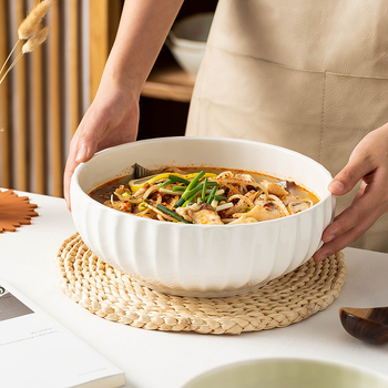 Μεγάλο μπολ σούπας 9 ζιρκόνιων με καθαρό λευκό κάθετο σχέδιο, κεραμικό, πολύ μεγάλο βραστό ψάρι, τουρσί ψάρι, μεγάλο μπολ με νουντλς, απλό γεύμα