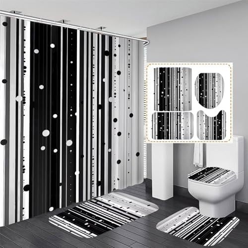 Puitmustriga dušikardina komplekt vannituppa, 4 osa mustast vannitoatarvikust, dekoratiivne U-kujuline padi