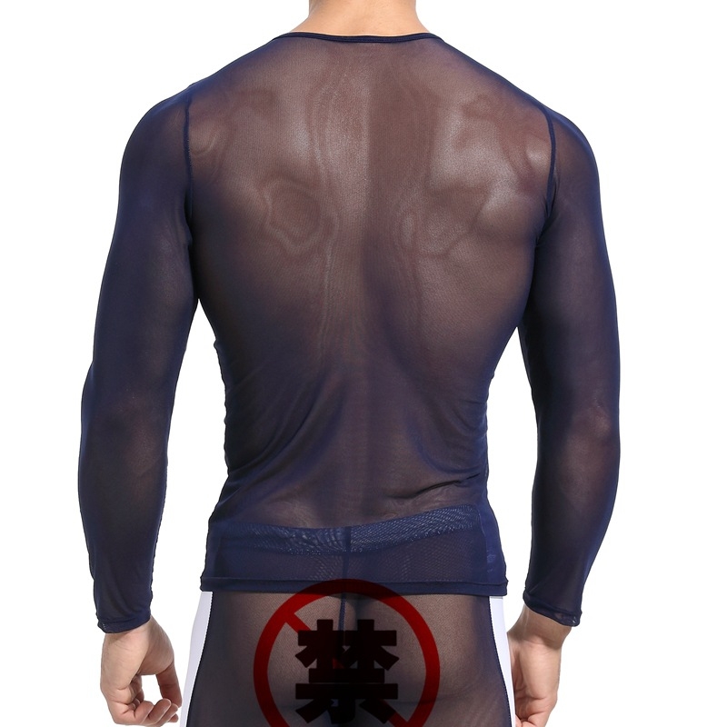 Tricou bărbătesc cu mânecă lungă, cu bază din plasă, guler rotund, transparent