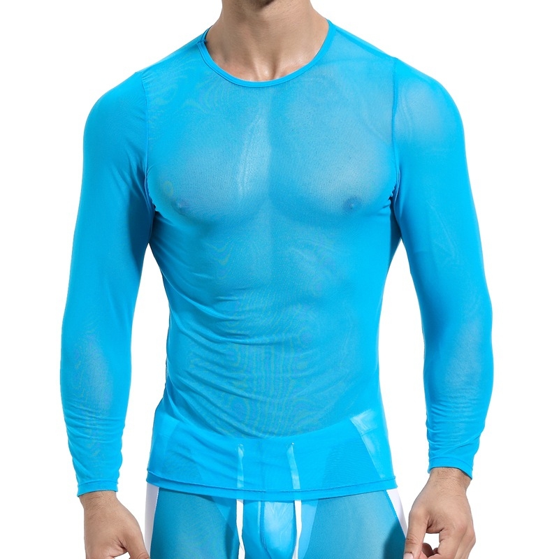 Tricou bărbătesc cu mânecă lungă, cu bază din plasă, guler rotund, transparent