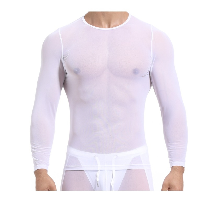 Tricou bărbătesc cu mânecă lungă, cu bază din plasă, guler rotund, transparent