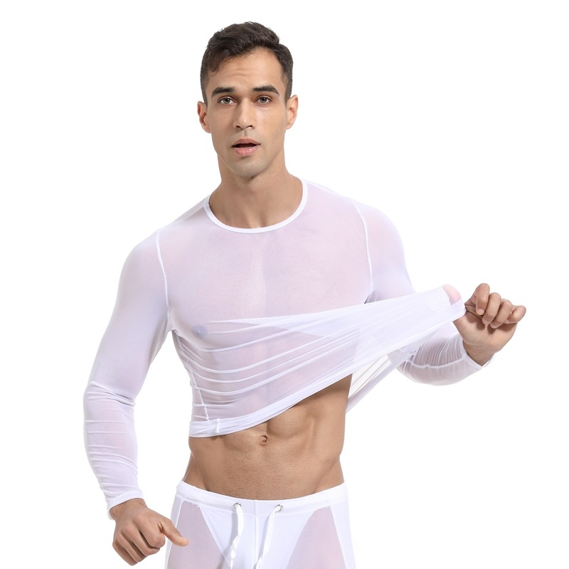 Tricou bărbătesc cu mânecă lungă, cu bază din plasă, guler rotund, transparent